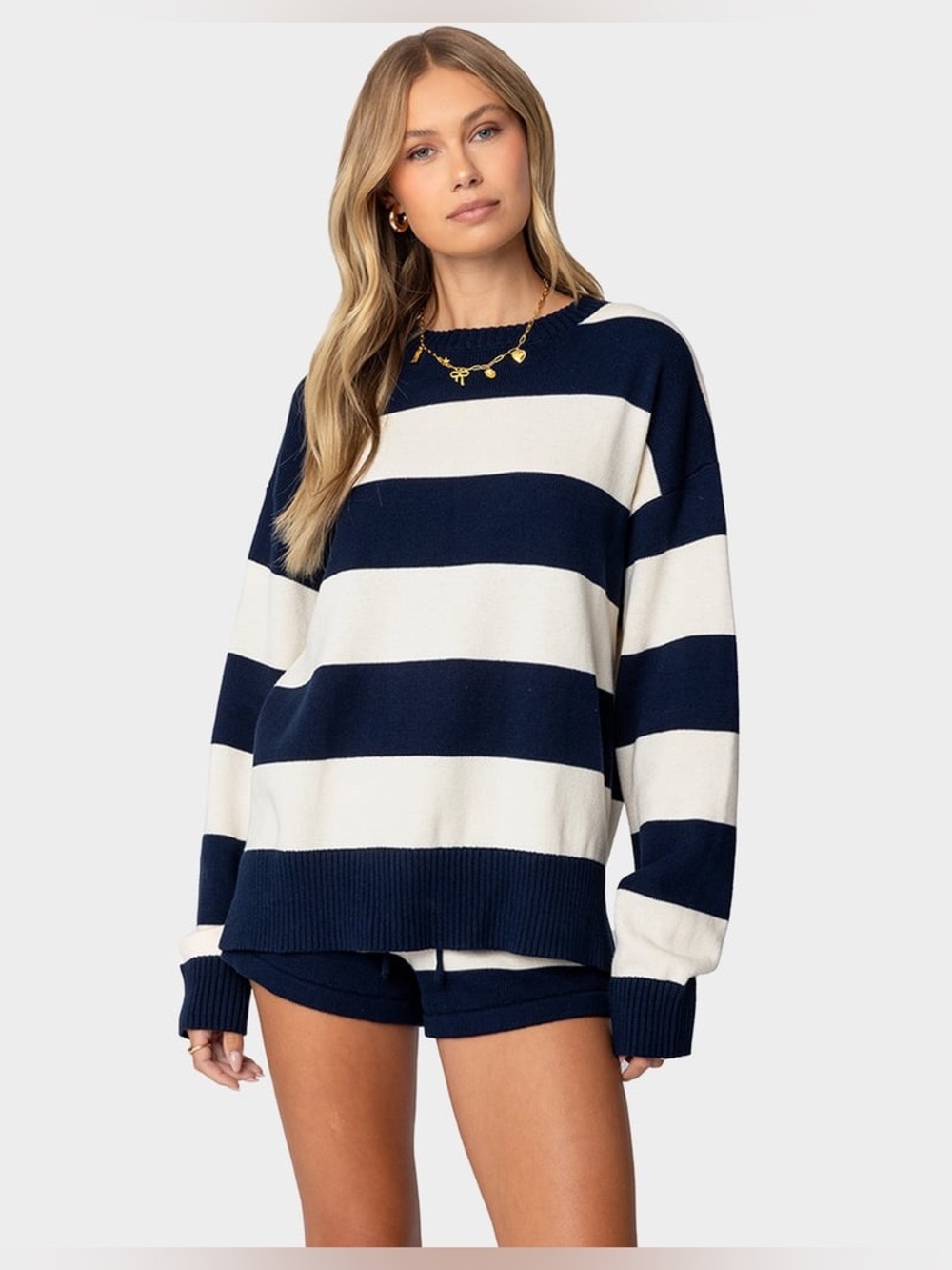 EDIKTED Riley Oversized Striped Navy and White Relaxed Knit Shorts set size S